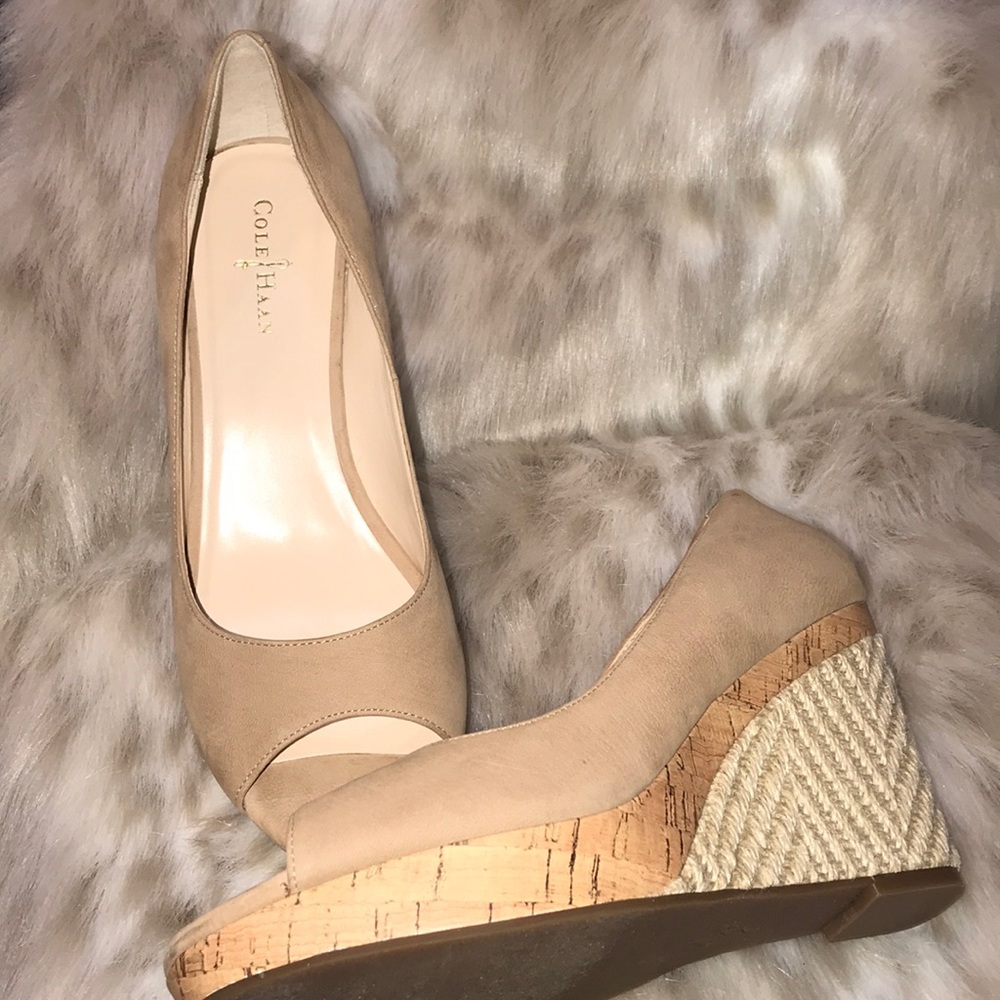 Cole Haan tan and cream woven cork wedges